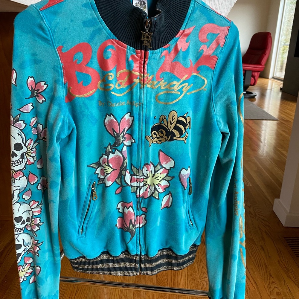 Ed Hardy Blue Bomber Jacket with Embroidery